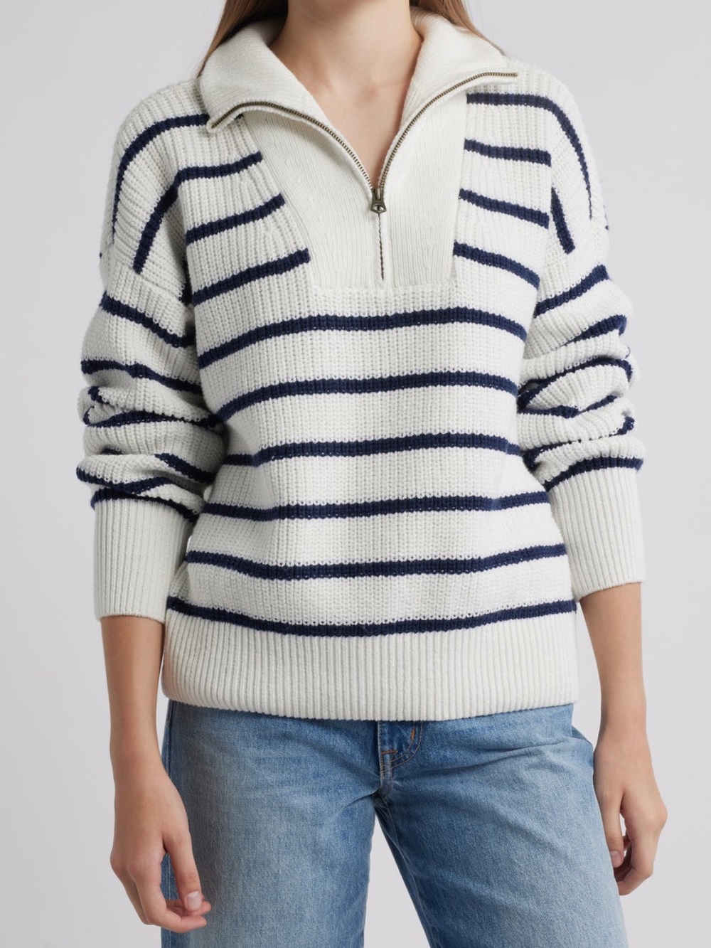 Faherty Mariner Sweater - White and Navy Striped Half-Zip - academia - preppy